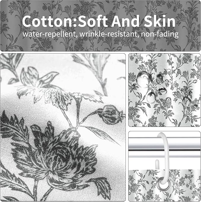 Seorsok Black Shower Curtain,Sage Cotton Floral Cottagecore,Elegant Floral Fabric Shower Curtain Machine Washable Waterproof Bathroom Decor 72'Wx72'L inches