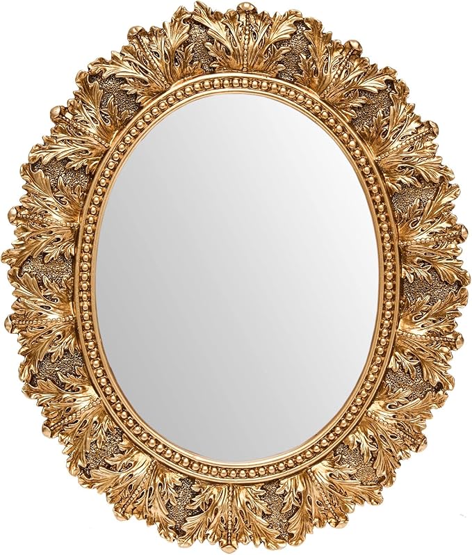 JANDERART Small Oval Vintage Mirror 12.5x10.5 Inch, Antique Ornate Decorative Mirror for Desk & Wall, Vanity Mirror for Makeup, Gold