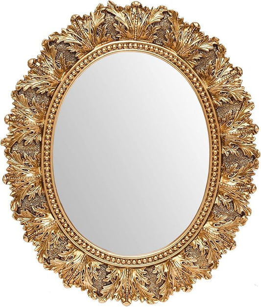 JANDERART Small Oval Vintage Mirror 12.5x10.5 Inch, Antique Ornate Decorative Mirror for Desk & Wall, Vanity Mirror for Makeup, Gold