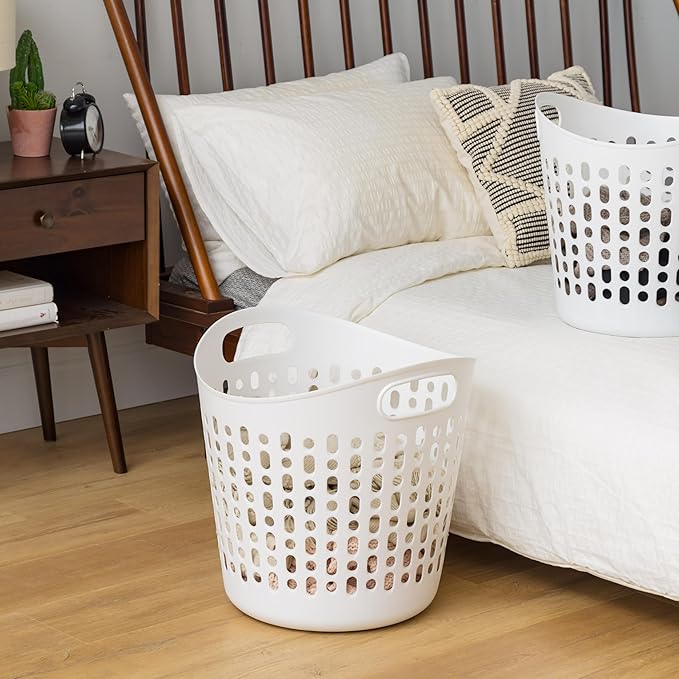 IRIS USA Laundry Basket Hamper, 40L Flexible Portable Plastic Dirty Clothes Bag with Ventilation Holes for Bedroom Bathroom Apartment Dorm Laundry Room Blankets Pillows Trinkets Organization, White