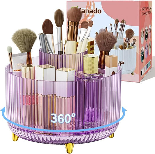 Clear Rotating Makeup Organizer Countertop for Vanity, 360?? Makeup Brush Holder Organizer with 5 Compartments, Transparent Cosmetic Storage for Lipstick, Skincare, Bathroom Counter(Transparent Purple)