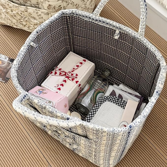 Quilted Fabric Basket Car Storage Basket Boho Floral Laundry Hamper for Nursery Bedroom & Living Room | Organize Clothes Toys