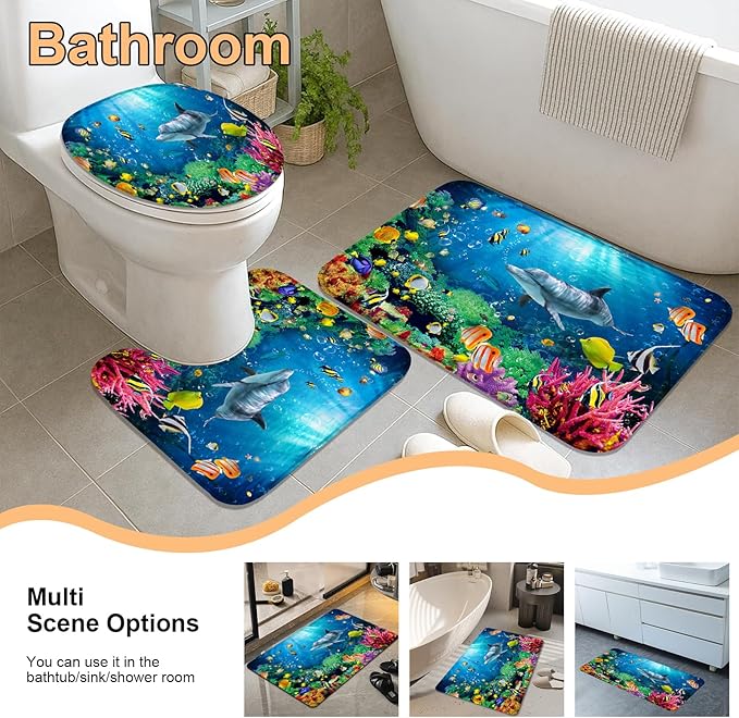 4Pcs Deep Blue Fish Shower Curtain Sets with Rugs, Dolphin Coral Ocean Theme Bathroom Decor Sets Complete, Home and Hotel Bathroom Accessories, juego de baño, 12 PCS Hooks, 71 x 71 in