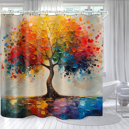 Shower Curtains, with A Unique Oil Painting Tree Theme and Bright Colors, Brings an Artistic Atmosphere to The Bathroom. 59x72 Inch Fabric Shower Curtain Comes with 12 Hooks.