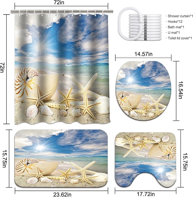 Lnond 4Pcs Summer Beach Shower Curtain Sets with Rugs, Starfish Shells Bathroom Sets with Shower Curtain and Rugs and Accessories