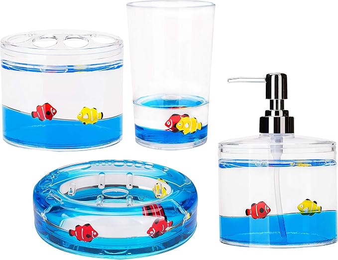 Locco Decor 4 Piece Acrylic Liquid 4D Floating Motion Bathroom Vanity Accessory Set Ocean Cartoon Animal Theme Fish Toothbrush Holder, Tumbler, Soap Dispenser, Soap Dish