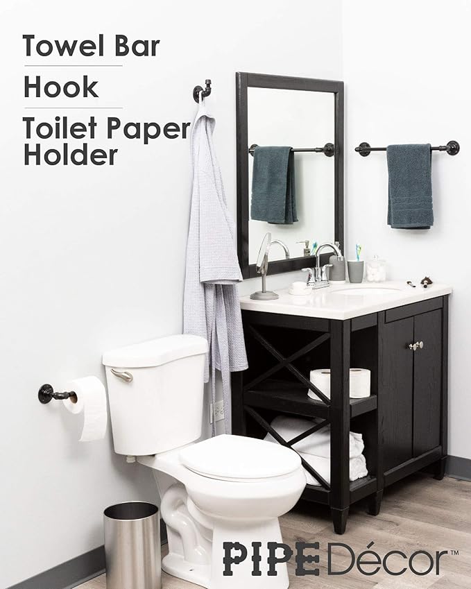 Industrial Pipe Bathroom Hardware Fixture Set by Pipe Decor 3 Piece Kit Includes Robe Hook, 18 Inch Towel Bar and Toilet Paper Holder, Heavy Duty DIY Style, Modern Chic Electroplated Black Finish