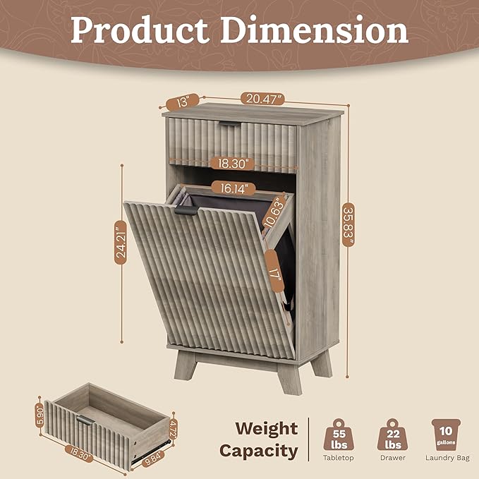 Double Tilt Out Laundry Hamper Cabinet, 20 Gallon Wooden Trash Can Cabinet with Storage Drawers, Hidden Fluted Garbage Can Holder for Kitchen, Living Room (Wood Grey, 20.47"W x 35.83"H x 13"D)