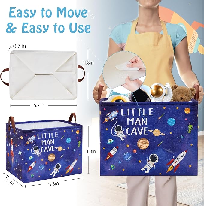 Astronaut Nursery Basket Laundry Hamper,Space Storage Basket with Inspirational Quotes, Planets Boy Room Decor Toy Box, Rectangular Rockets Clothes Book Toy Storage Bin (Blue)