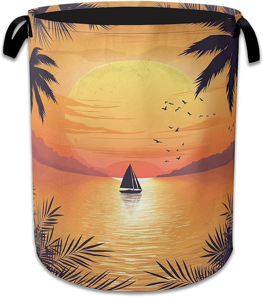 Tropical Palm Laundry Basket,Sunset Sea Beach Laundry Hamper, Collapsible Clothes Toy Storage Bin for Bathroom Bedroom Room Decor 16" X 20.8"