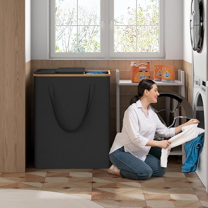 170L Laundry Hamper with Lid 3 Section, Extra Large Laundry Basket with 3 Removable Bags, Laundry Basket Organizer for Bedroom, Laundry Room, Dorm, Clothes Hamper, Black