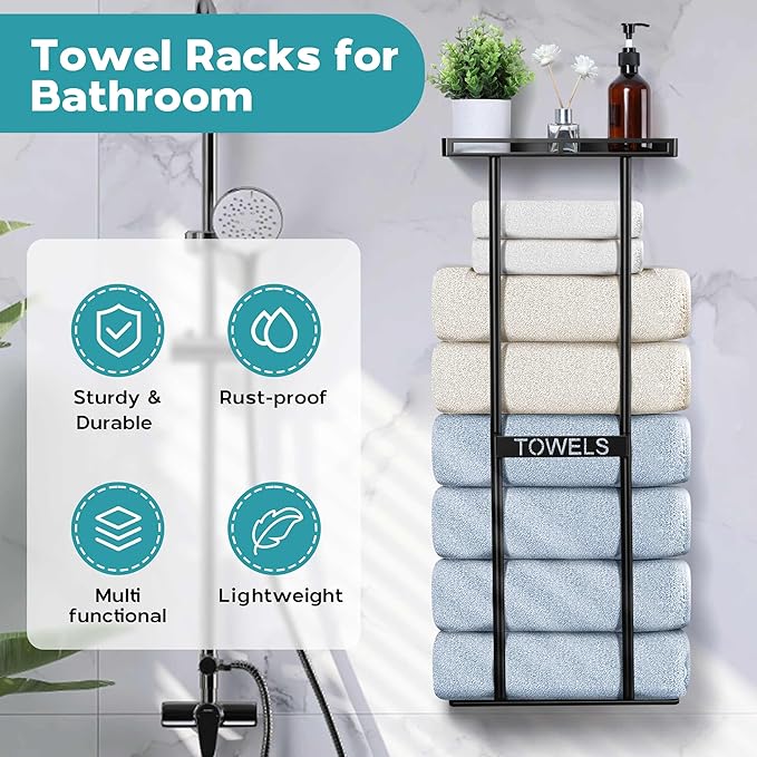 Onader Towel Racks for Bathroom Wall Mounted, 30 Inch Bath Storage Towel Holder with Metal Shelf, Black