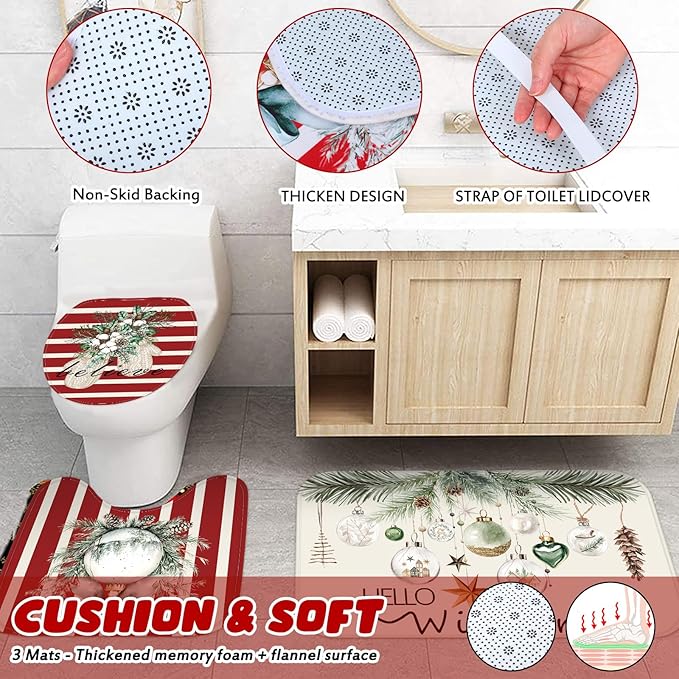 Drydiet 4 Pcs Christmas Shower Curtain Set Bathroom Decoration Non Slip Rugs Mat Toilet Lid Cover Shower Curtain for Xmas Holiday Farmhouse Home Bathroom Decor(Cozy Christmas)