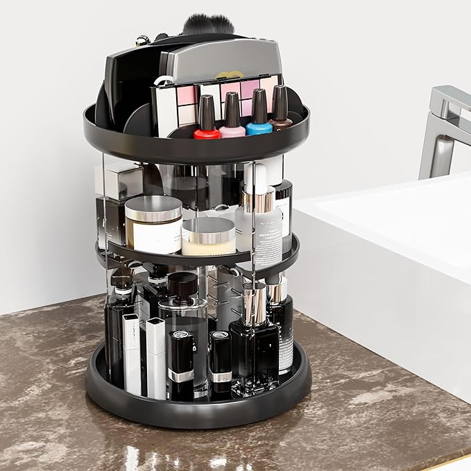 Yieach Rotating Make up Organizers for Counter,Adjustable Spinning Organizer for Vanity,Rotating Perfume Organizer,Lazy Susan Bathroom Organizer for Beauty Product,Spin Skin Care Storage Rack,Black