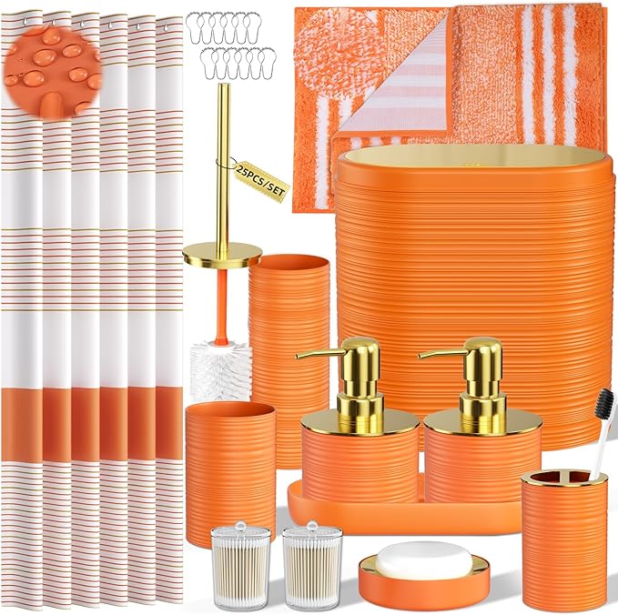 Bathroom Set - Bathroom Sets with Shower Curtain and Rugs, 25PC Bathroom Accessory Set, Orange Bathroom Accessories Set with Trash Can, Soap Dispensers