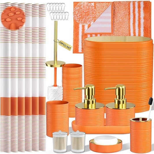 Bathroom Set - Bathroom Sets with Shower Curtain and Rugs, 25PC Bathroom Accessory Set, Orange Bathroom Accessories Set with Trash Can, Soap Dispensers