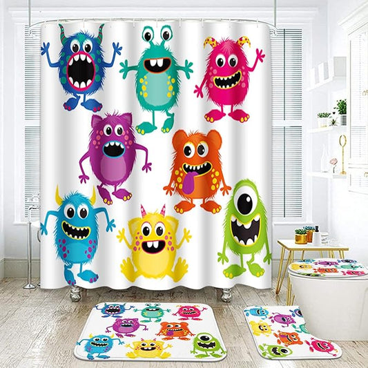 ArtSocket Monsters Bathroom Set with Shower Curtain and Rugs Accessories, Cute Kids Funny Animal Shower Curtain, Kids Bathroom Decor 4 Pcs