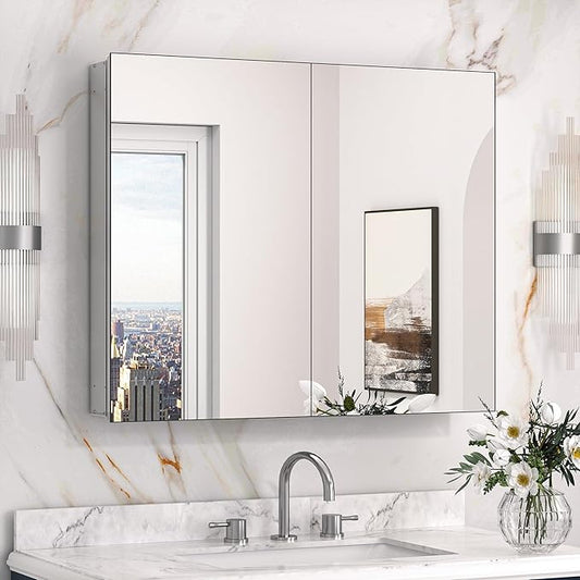 Keonjinn 30 x 26 Inch Bathroom Medicine Cabinet with Mirror, Assembly Required, Combined Double Doors Wall Cabinets, Flexiable Ample Storage, Recessed or Surface Mount, Soft Closing