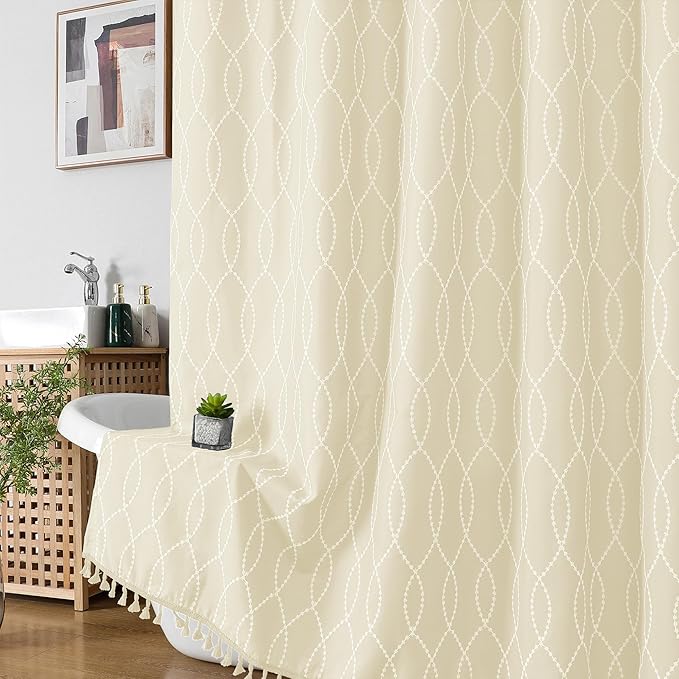 OVZME Light Beige Shower Curtain for Bathroom, Puff Printed Textured Shower Curtain with Tassels, Rustic Geometry Heavy Duty Vintage Country Bathroom Curtain, Water Resistant Fabric, 72Wx72L Inches