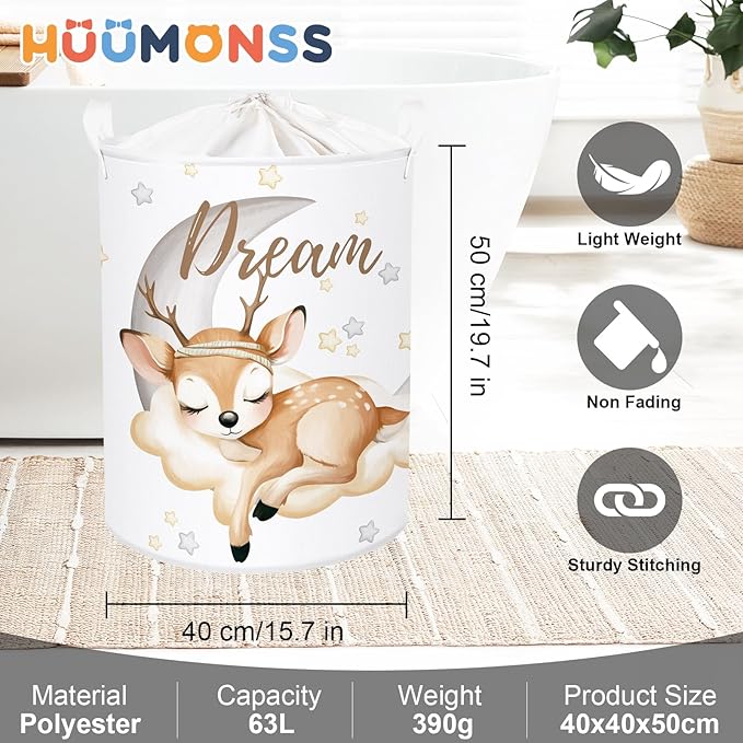 Sleeping Animals Baby Laundry Hamper Collapsible Clothes Kids Storage Basket Large Boys Girls Gift Toy Box Bin for Nursery, Deer, 63L
