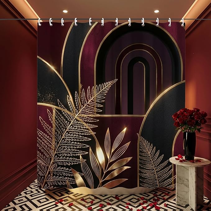 Gold and Burgundy Mid Century Shower Curtains,Dark Red Abstract Boho Shower Curtains,Funny Waterproof Polyester Modern Minimalist Art Hotel Bathroom Decor,72x72 Inches