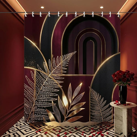 Gold and Burgundy Mid Century Shower Curtains,Dark Red Abstract Boho Shower Curtains,Funny Waterproof Polyester Modern Minimalist Art Hotel Bathroom Decor,72x72 Inches