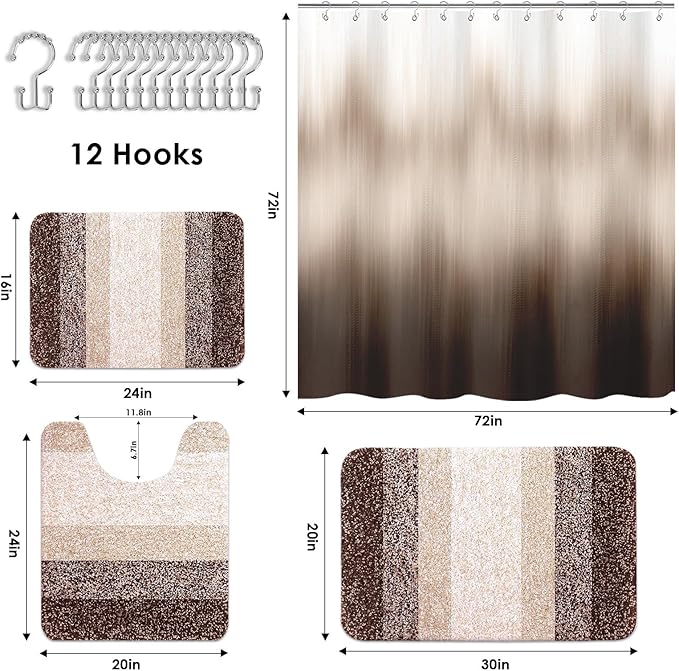 Britimes Brown Stripes Bathroom Sets with Shower Curtain and Rugs, Ombre Modern Abstract Vintage Waterproof Shower Curtain Liner and Soft Non Slip Bath Mat for Bathroom Decor and Accessories Hooks