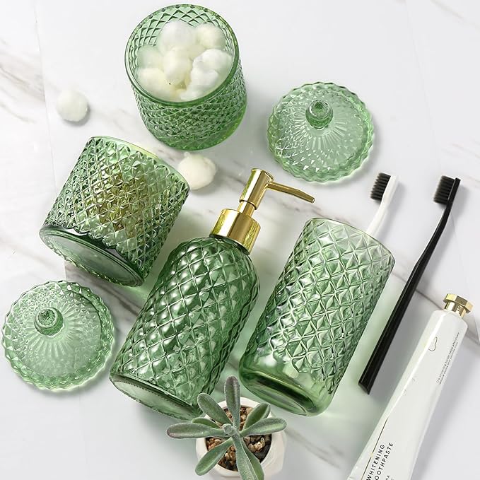 RYTOXILO Green Bathroom Accessories Set, 4 Pack Olive Green Bathroom Decor Accessory Sets Complete, Diamond Glass Soap Dispenser and Toothbrush Holder Set for Bath Counter Organizer Essentials