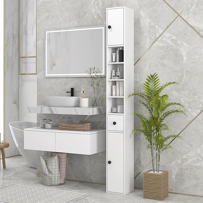 Slim Tall Bathroom Floor Storage Cabinet for Small Bathrooms White