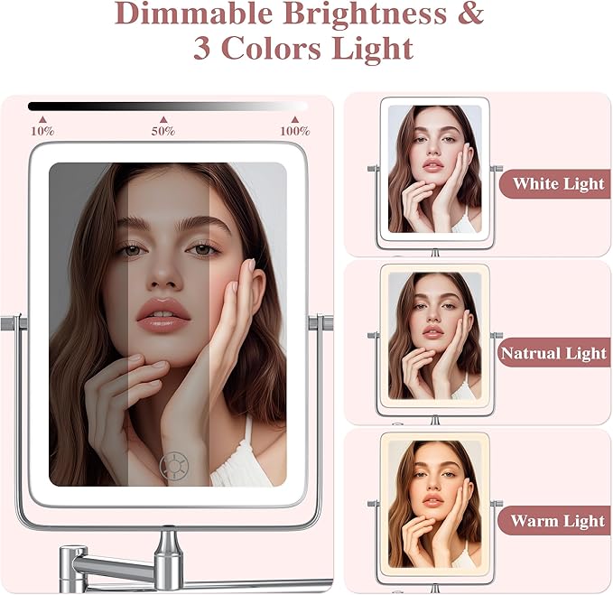 Wall Mounted Lighted Makeup Mirror, Rectangle Double Sided 1X/7X Magnifying Bathroom Height Adjustable Mirror, Rechargeable 3 Color and Dimmable Lights, Extended Arm 360 Rotation Shaving Vanity Mirror