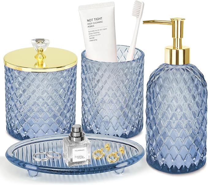 Jenseits Glass Bathroom Accessory Set 4 Piece - Elegant Blue Diamond Cut Bathroom Set - Lotion Dispenser, Toothbrush Holder, Cotton Swab Jar, Tray - Modern Guest Bathroom Countertop Decor