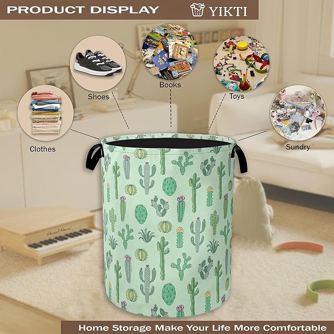 Collapsible Laundry Basket,Green Cactus Dirty Clothes Hamper,Succulent Plants Hampers for Bedroom Waterproof Oxford Cloth Storage Organizer for Bathroom,Nursery,Dorm,16x20 Inch