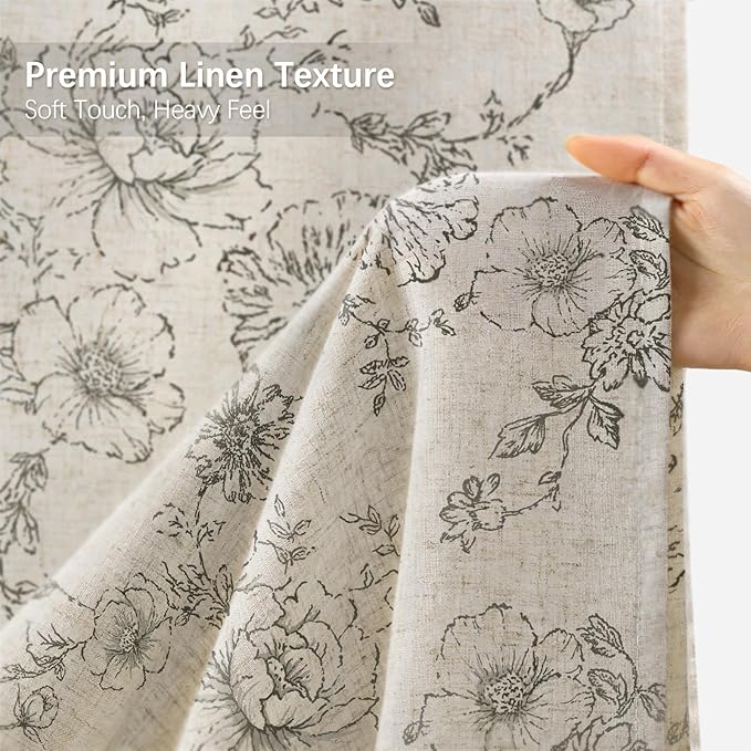 Farmhouse Floral Linen Shower Curtain, Vintage Grey Pattern Rustic Shower Curtains for Bathroom, Tan Taupe,Gray,72x72