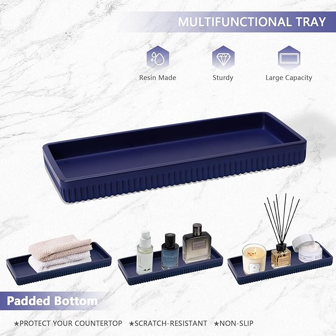 XLHOMO Resin Navy Blue Bathroom Accessories Set 5 Pcs, Lotion Soap Dispenser, Toothbrush Holder, Bathroom Tumbler, Qtip Holder and Vanity Tray, Bathroom Countertop Organizer Set for Modern Apartment