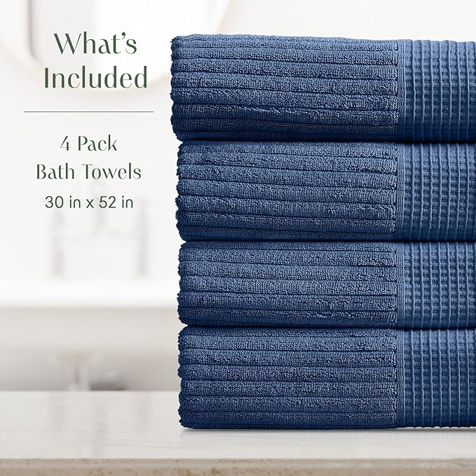 Springtree Home 100% Cotton Bath Towel Set of 4 | Super Soft & Absorbent with Quick-Dry Fibers | 4 Bath Towels | Textured and Durable Cotton | Krista Collection - Navy