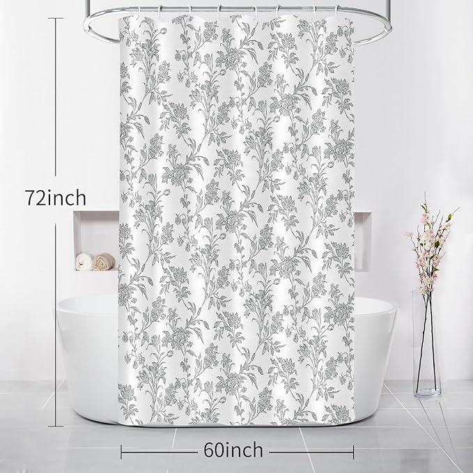 Seorsok Grey Shower Curtain,Sage Cotton Floral Cottagecore,Elegant Floral Fabric Shower Curtain Machine Washable Waterproof Bathroom Decor 60'Wx72'L inches