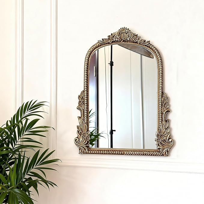 Baroque Champagne Gold Vintage Vanity Mirror 13x10 Inch, Wall-Mounted & Tabletop Dual-Use, Ornate Gold Accent Retro Decorative Mirror for Bedroom Dresser, Bathroom, Living Room and Dorm