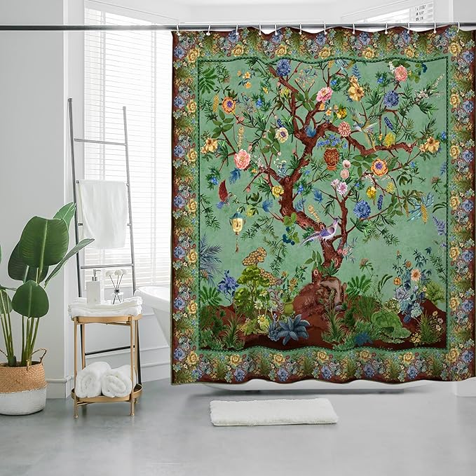 HMS Happy Memories Bohemian Flower Bathroom Curtain Colorful Boho Floral Print Beautiful Bright Polyester Fabric Cloth Shower Curtain for Bathroom Decoration, 72"x72"