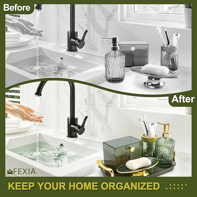 FEXIA Green Bathroom Accessories Set 5 Pcs Green Bathroom Decor with Decorative Vanity Tray for Boho Bathroom Decorations Soap Dispenser Toothbrush Holder Lotion Gifts for Women Home Apartment Decor