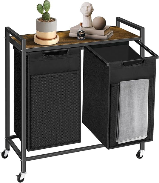 Laundry Hamper with Shelf, Laundry Basket with 2 Pull-Out Removable Bags, 2 x 13.1 Gallons(99L), Metal Frame, Lockable Wheels, for Laundry Room and Bedroom