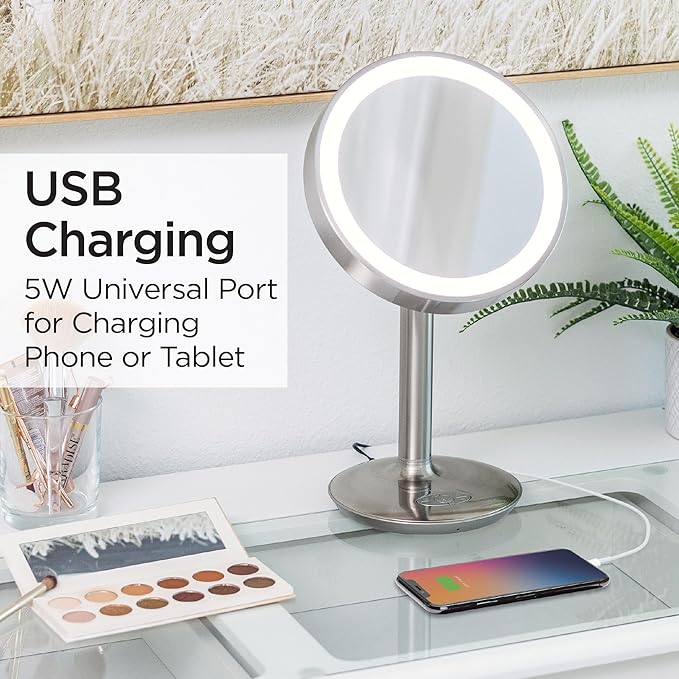 iHome Vanity Mirror with Lights, Makeup Mirror with Bluetooth Speaker, USB Charging, and Removable Magnifying Mirror (iCVBT82SN)
