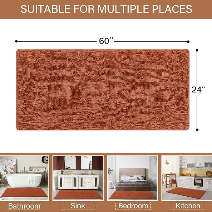 LOCHAS Luxury Bathroom Rug Shaggy Bath Mat 24 x 60 Inch, Washable Non Slip Bath Rugs for Bathroom Shower, Soft Plush Chenille Absorbent Carpets Mats, Burnt Orange