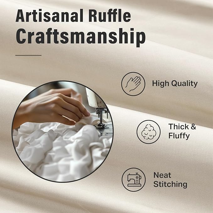 Seasonwood Beige Ruffle Shower Curtain 72x78 Inch Neutral Shower Curtain Button Design Farmhouse Country Style Rustic Decorative Fabric Shower Curtains