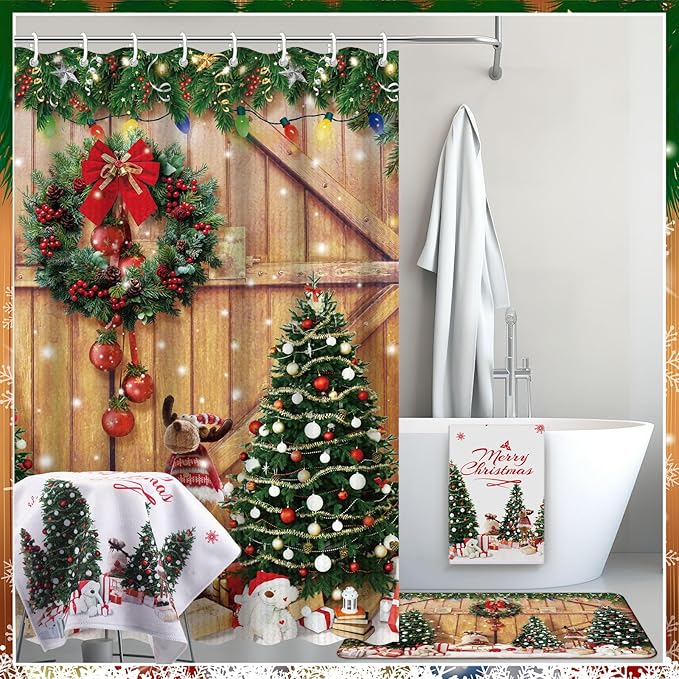 Nuanchu 6 Pcs Christmas Shower Curtain Set with Rug Bathroom Sets with Shower Curtain Bath Mat U Shaped Mat Toilet Lid Cover 2 Bath Towels and 12 Hooks Christmas Tree Bathroom Decor