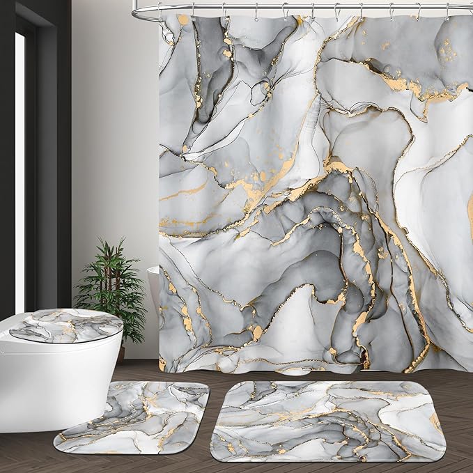 4PCS Grey Marble Bathroom Sets with Shower Curtain and Rugs, Abstract Shower Curtain Sets with Rugs, Gold Bathroom Curtains Shower Set with Toilet Lid Cover Accessories