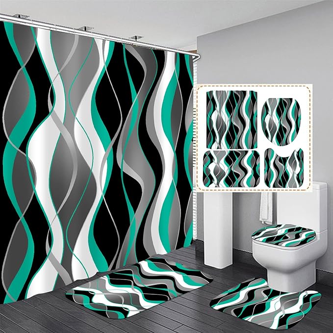 Nkzply 4 Pcs Green Striped Shower Curtain Set Teal and Black Bathroom Sets with Shower Curtain and Rugs Grey Modern Bathroom Decor Turquoise Shower Curtains with Rugs and Toilet Lid Cover