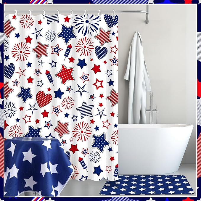 Nuanchu 6 Pcs Patriotic Shower Curtain Set with Rug 4th of July Star Bathroom Sets with Shower Curtain Bath Mat U Shaped Mat Toilet Lid Cover 2 Bath Towels and 12 Hooks Independence Day Bathroom Decor
