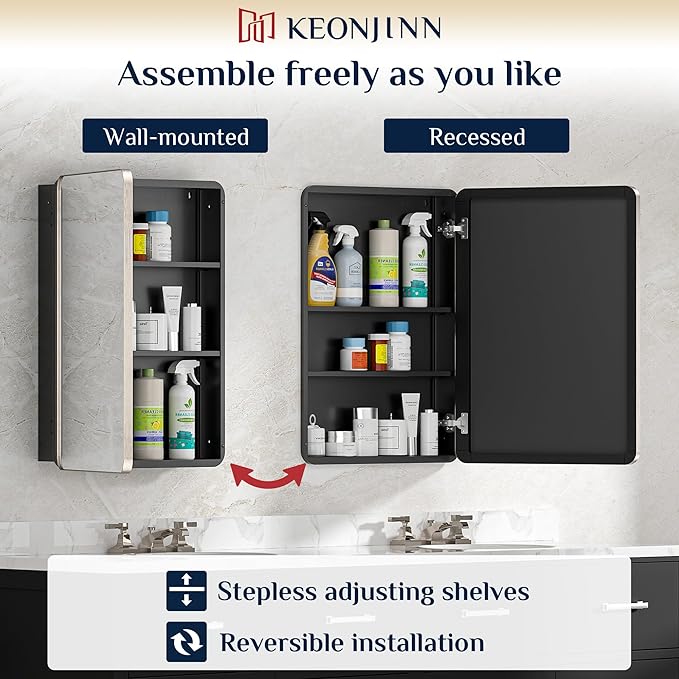 Keonjinn 60 x 32 Inch Large Brushed Nickel Medicine Cabinets, Recessed Bathroom Medicine Cabinet, Silver Stainless Steel Framed, Sturdy & Heavy, Adjustable Shelves, 3 Doors, DTC Hinges, Soft Closing