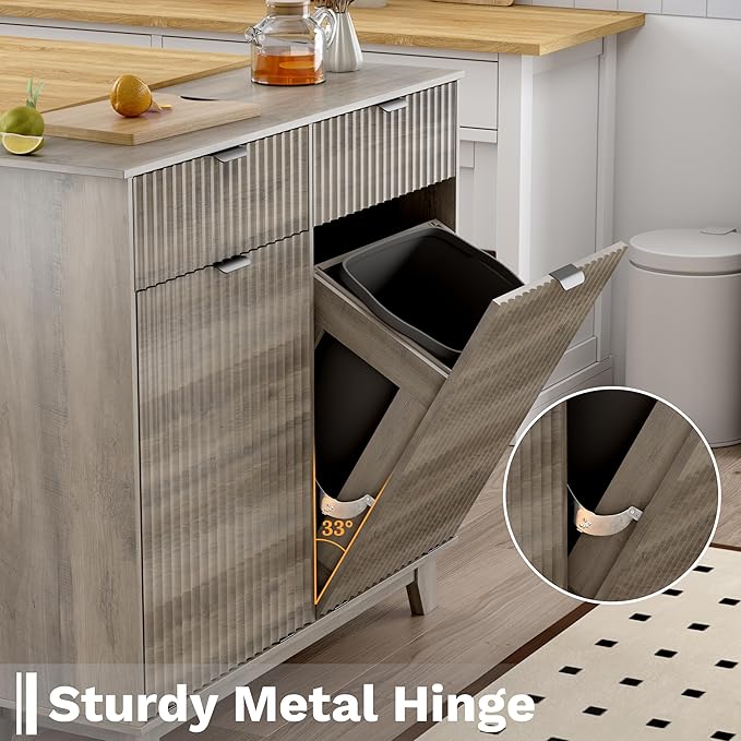 Double Tilt Out Laundry Hamper Cabinet, 20 Gallon Wooden Trash Can Cabinet with Storage Drawers, Hidden Fluted Garbage Can Holder for Kitchen, Living Room (Wood Grey, 39.34"W x 35.83"H x 13"D)