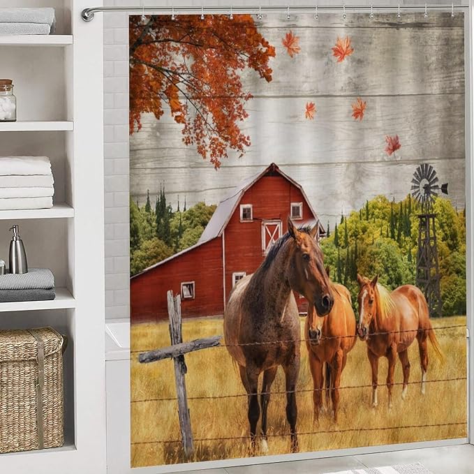 Rustic Farmhouse Horse 4 Pcs Waterproof Shower Curtain Set,Retro Wooden Barn Western Farm Animals Horses Windmills with Waterproof Toilet Cover Shower Mat Rugs